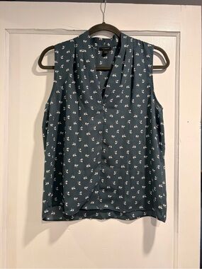 Ann Taylor Factory Teal Sleeveless Floral V-Neck Blouse